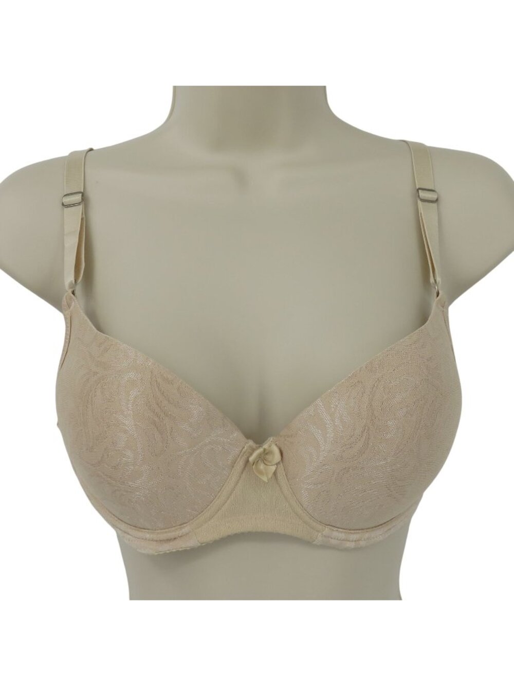 Wacoal 34B Style 65570 Lace Finesse Underwire T Shirt Bra Beige Padded Swirl Bow